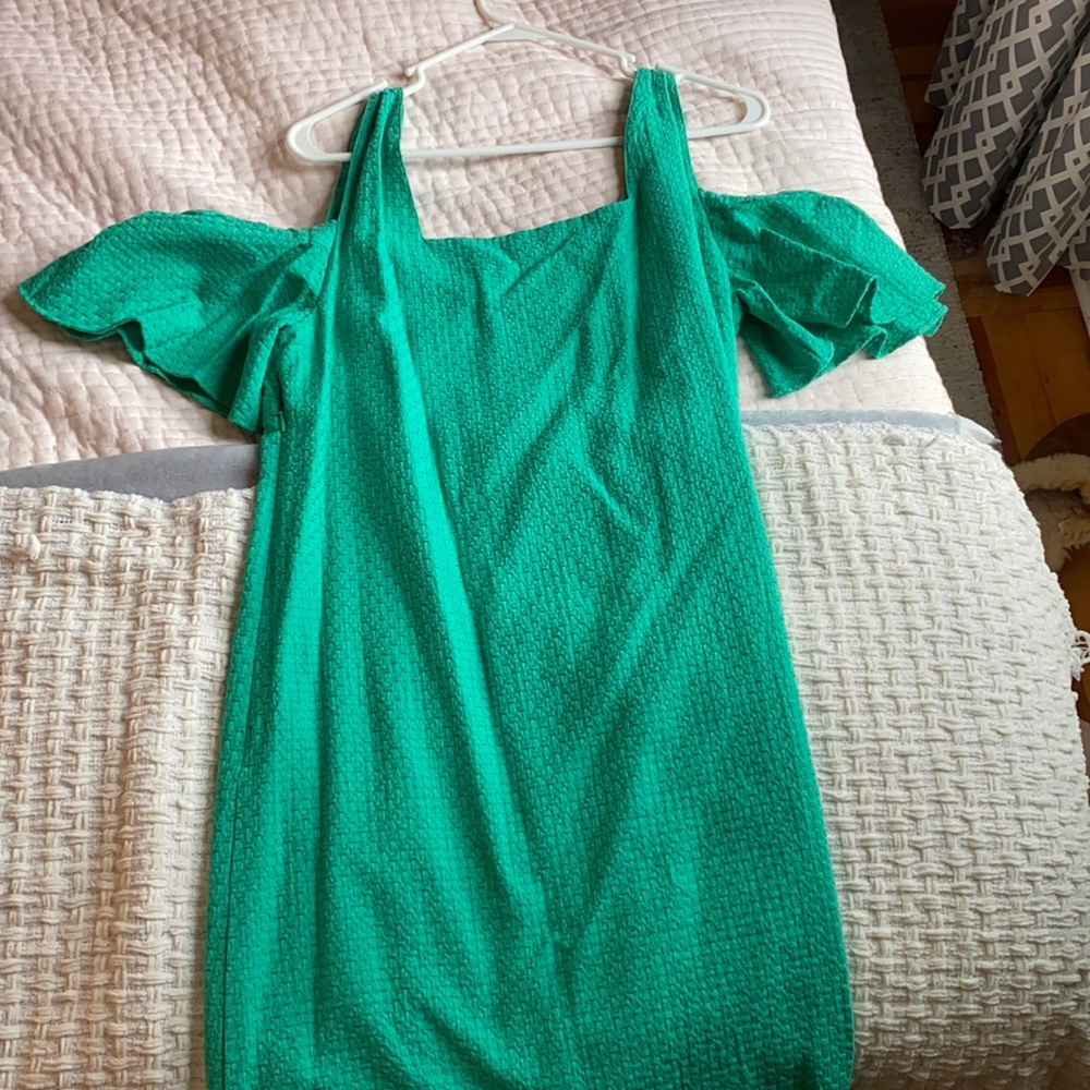 Green JCrew off the shouldar dress